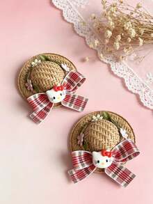 2PCS Mini Floral Wreath Straw Hat Sanrio Hair Clips, Suitable For Vacation Outfit, Clothing Matching, Doll Decoration, Figurine Matching Decoration Hair Accessories - Multicolor - View 5