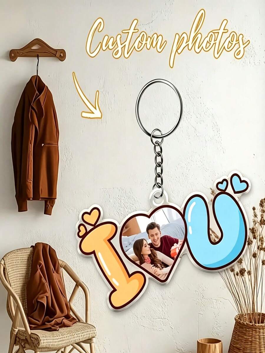 Personalized "I Love You" Photo Keychain, Customized Couple Photo Heart Keyring, Romantic Keepsake Gift For Anniversary