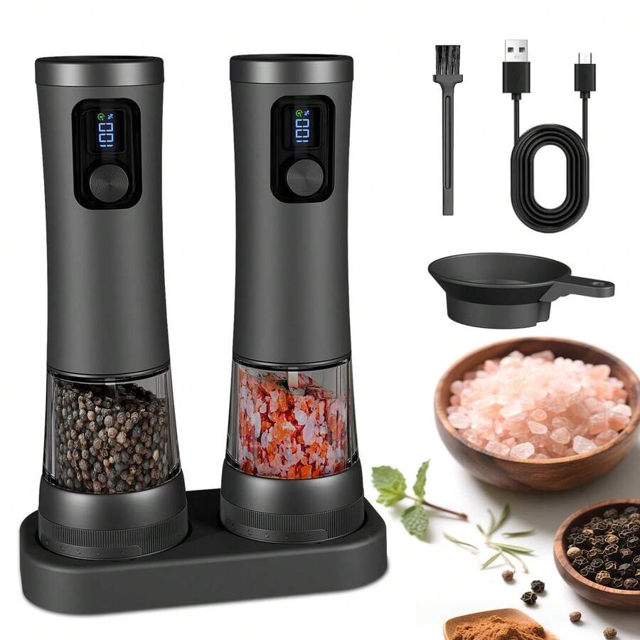 Electric Salt And Pepper Grinder Set – Rechargeable Salt Grinder With LED Power Display – Automatic Pepper Grinder With Storage Base – Pepper Grinder With Kitchen Light