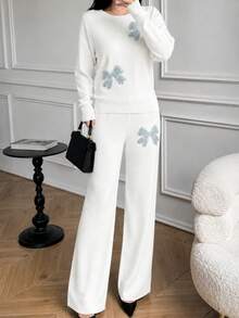 Conjunto de punto para mujer con lazos de brillantes, suéter y pantalón ancho, cuello redondo, manga larga, color rosa, estilo dulce elegante, ideal para casa y salidas - Blanco - Ver 1