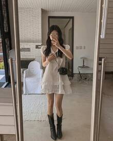 New Korean-Style Summer Collection For 2026: A Sweet And Gentle Mini Dress With Double Ruffles And A Ribbon Tie, Featuring A Half-Open Collar. - White - View 10
