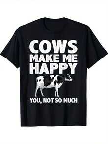 Camiseta de manga corta para mujer,Playeras de mujer blusas para mujer playera negra estampado vaca blanco negro texto Cows Make Me Happy You Not So Much camiseta divertida granja casual - Negro - Ver 1