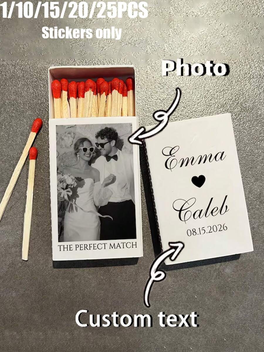 1/10/15/20/25pcs Customized Matchbox Stickers Labels (Stickers Only, Matchbox Not Included). Customized UV Crystal Transfer Stickers, Long Stickers Can Be Personalized With Images, Logos And Text, Suitable For Weddings, Birthday Celebrations - Multicolor - View 1