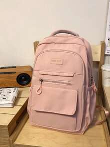 Mochila minimalista blanca crema para estudiantes, mochila de nylon suave con múltiples bolsillos y etiqueta de parche de cuero para la escuela & el transporte diario - Multicolor - Ver 8