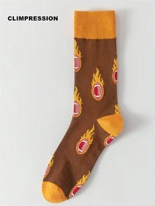 CLIMPRESSION Cotton Unisex Creative Mid-Calf Socks, Brown & Yellow Pattern, Fun Casual & Dress Socks - Orange - View 10