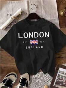 Women's Casual Short-Sleeved Crew Neck T-Shirt With UK Flag Print, For Summer. Premium Cotton Fabric, Lightweight Yet Durable. - 黑色 - 查看 1