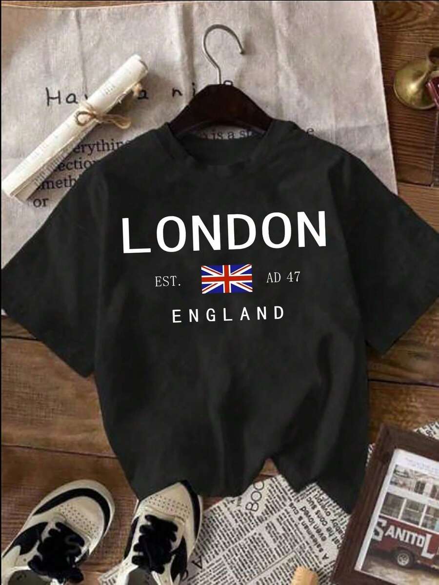 Women's Casual Short-Sleeved Crew Neck T-Shirt With UK Flag Print, For Summer. Premium Cotton Fabric, Lightweight Yet Durable. - 黑色 - 查看 1