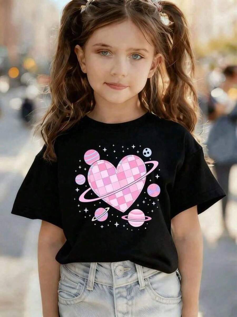 Girls' 2026 Happy New Year-Shirt Graphic Tees Camiseta infantil con estampado de corazón y galaxia para nias, otoo,% algodón, corte holgado, cómoda, estilo caricatura. Camisa de Verano - Negro - Ver 1