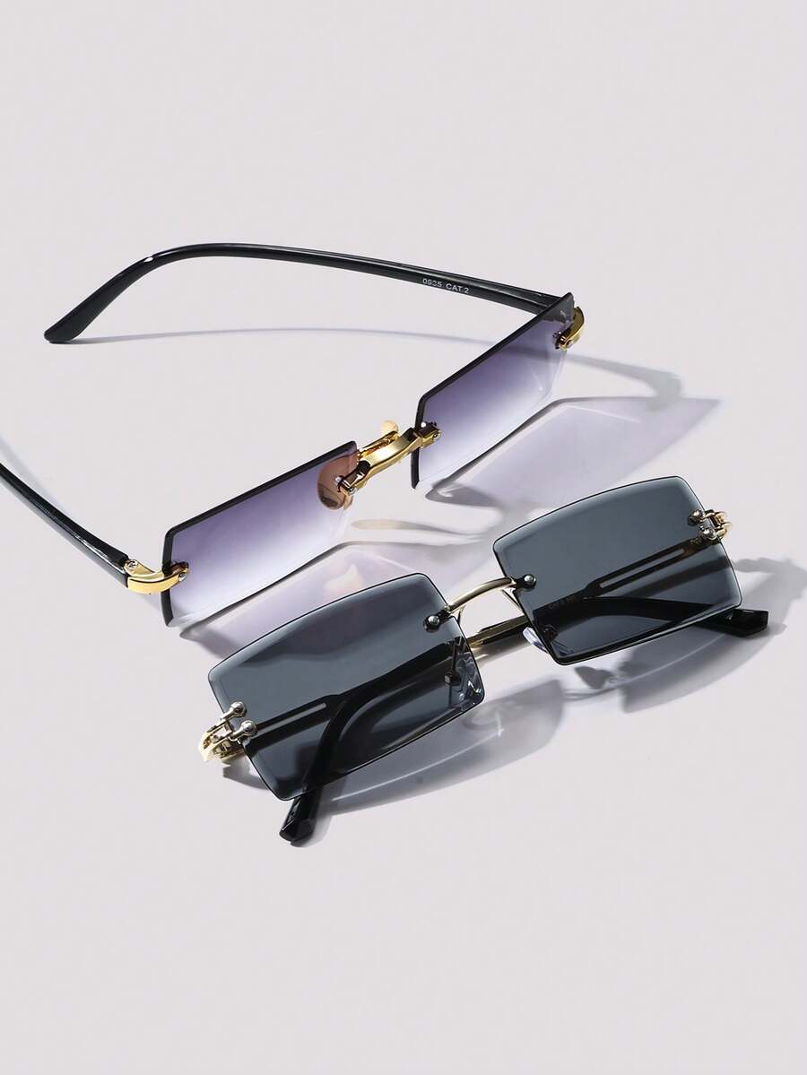 Visivana 2件裝無框復古長方形金屬墨鏡,經典UV防護,男女通用,適合夏季海灘、戶外旅行、開車,優雅時尚返校配件禮物 - 2PCS組合裝A - 查看 1