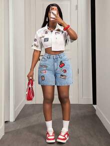 Women's Summer Slant Pocket Detail Denim Shorts - Azul lavado medio - Ver 2