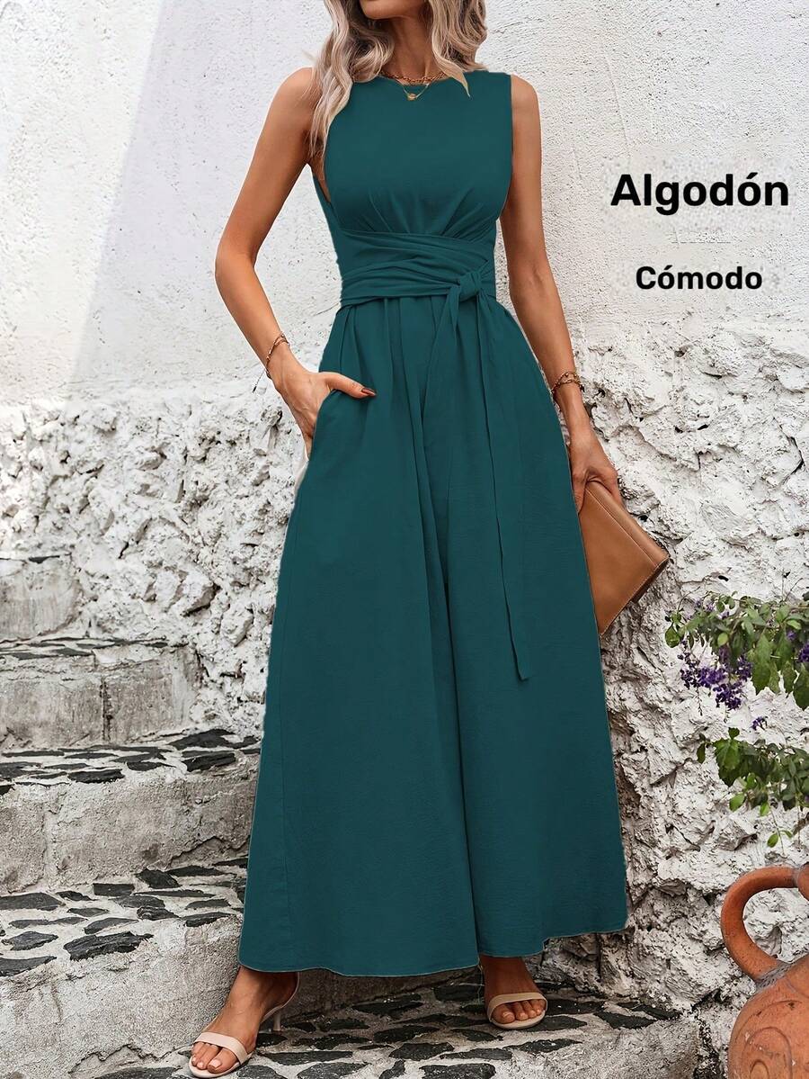 Sleeveless Casual Dress With Back Tie. Solid Color, Cool And Versatile. - Green - View 1
