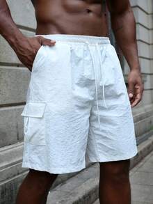 Men's Plain Color Summer Casual Shorts With Pockets - White - View 5