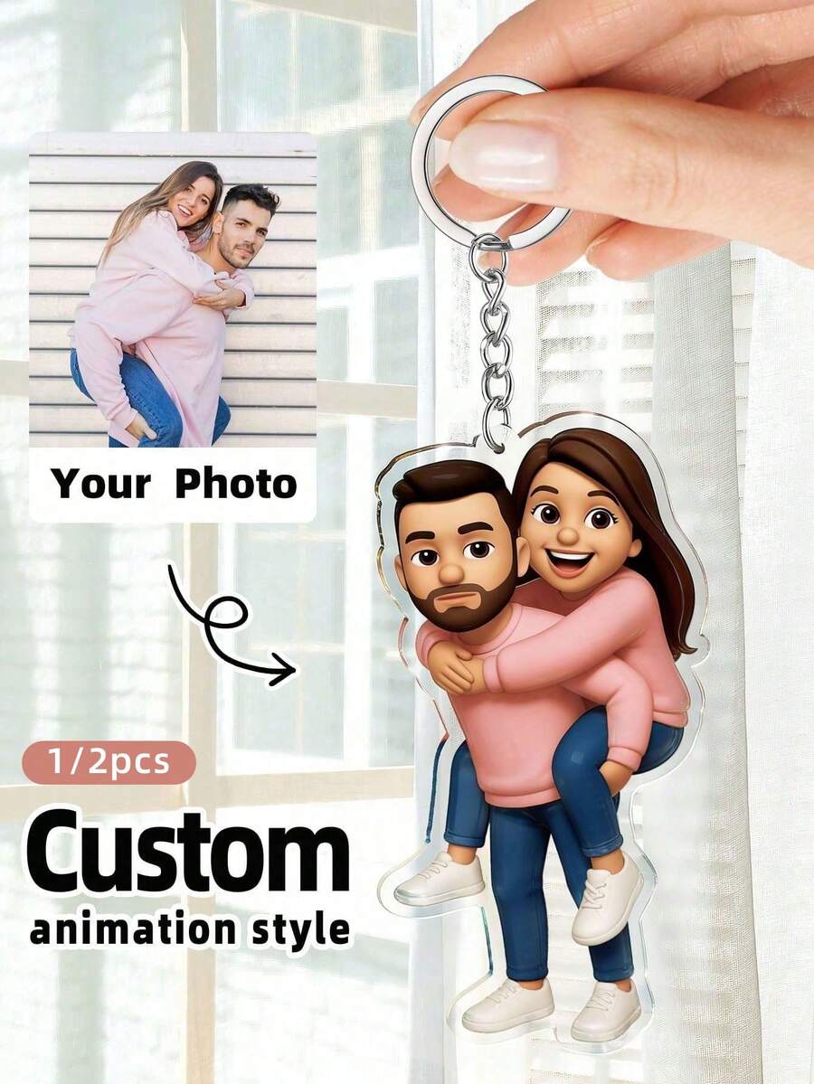 1/2pcs Customized Acrylic Keychain, Personalized Photo Keychain For Couples. Create A Truly Unique And Precious Keepsake For Couples With Our Personalized Gifts And Souvenirs. Choose From A Variety Of Customizable Designs To Showcase Your Favorite Shared Photos And Create A One-Of-A-Kind Symbol Of Love. - Multicolor - View 1