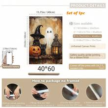 1pc Canvas Wall Art With Frame, Vintage Halloween Theme, Black Cat, Witch Hat, Cute Ghost, Pumpkin Lantern, Glowing Lantern Pattern, Country Style Oil Painting, Pastoral Dark Academia Aesthetic, Suitable For Modern Home Decor, Room Decoration - Black Cat Ghost - View 16