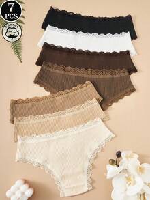 7pcs/Pack Women's Floral Contrast Color Lace Trim 100% Cotton Panties - Multicolor - View 2