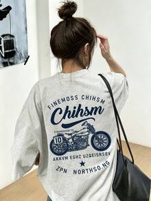 Women's Fashion Loose Fit Round Neck Casual Motorcycle Letter Print Short Sleeve T-Shirt, Summer - Light Gray - View 3