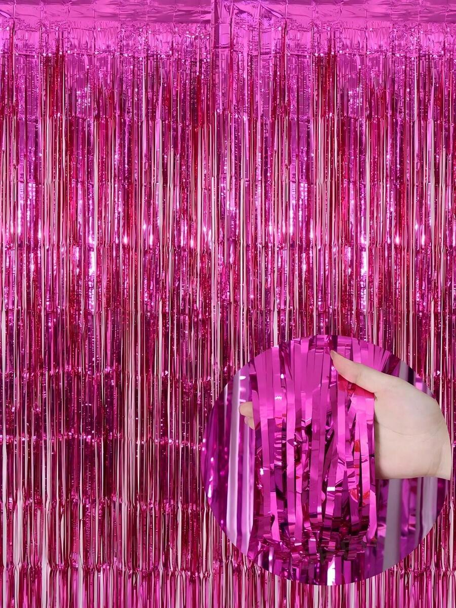 1pc Deep Pink Tinsel Curtain Party Decoration Backdrop, Graduation Decor, Tassel, Birthday, Wedding, Adult Tinsel Curtain, Birthday Party Background Wall Decor, Shiny Aluminum Foil Tassel Wall Curtain - Multicolor - View 1