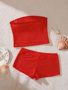 2pcs/Set Plus Size Women Y2K Style Backless Sleeveless Top + Floral Print Shorts, Summer Beach Outfit, Sexy Girl Set Elegant - Red - View 2