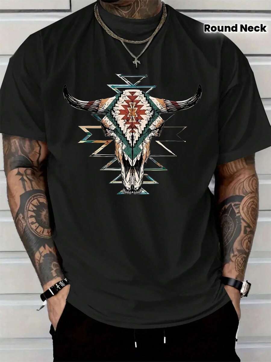 Camiseta con diseño de calavera de toro estilo suroeste para hombres - Diseño de turquesa y cuernos de toro, camiseta casual inspirada en el suroeste, lavable a máquina, cuello redondo para - Negro - Ver 1