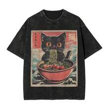 Camiseta de ramen japonés con diseño de gato para hombre y mujer, divertida camiseta con gráfico de gato negro comiendo fideos, top vintage lavado para verano. - Negro - Ver 1