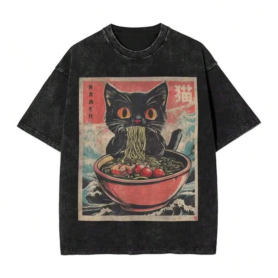 Camiseta de ramen japonés con diseño de gato para hombre y mujer, divertida camiseta con gráfico de gato negro comiendo fideos, top vintage lavado para verano. - Negro - Ver 1