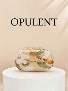 1pc Beaded Floral Leaf Embroidered Box Clutch, Sequin Handle Hard Shell Bag, Detachable Crossbody Chain, Elegant Wedding Bridal Evening Handbag - Apricot - View 13
