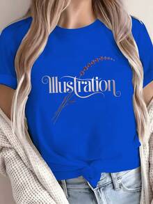 Pure Cotton T-Shirt With Lavender Branch Calligraphy Print, Solid Color, Comfortable And Soft For Women. - Blue - View 1