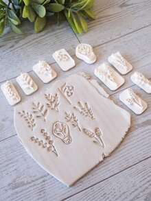 1/9Pcs Botanical Plant Embossing Polymer Clay Stamps, Leaf & Flower Imprint Molds For Nature Themed Handmade Stud Earring Craft Supplies - White - View 5