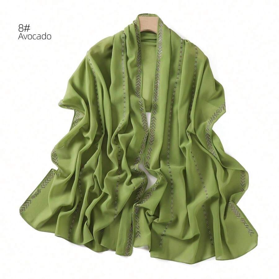 1 Piece Solid Color Chiffon Hijab Scarf With Sparkling Rhinestones, Elegant And Simple, With Synthetic Rhinestones, For Outdoor Sun Protection, For Women, For Dress - Gold - View 1