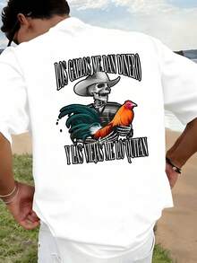 Esqueleto con sombrero sosteniendo un gallo de vivos colores y frase humorística sobre ganar y perder dinero estampa en la espalda camiseta de hombre 100% algodón DCAD - Blanco - Ver 1