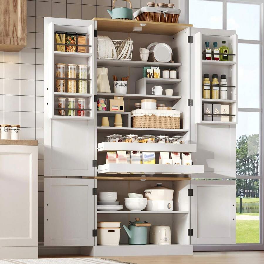 Kitchen Cabinet White - Motion Sensor, Adjustable Shelves - White - View 1