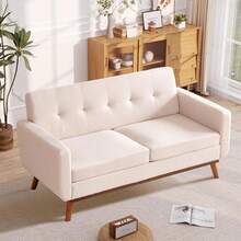 Kingfun - Sofá de dos plazas de 165.6 cm de ancho, decoración moderna de mediados de siglo, sofás para sala de estar, muebles tapizados con botones, fácil de instalar, sofá pequeño para dormitorio - Beige 2.0 - Ver 5