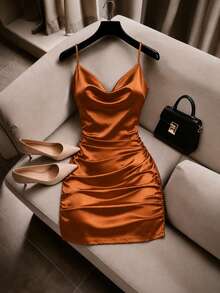 Satin Mini Dress With Straps, Neckline, And Fitted Fit - Copper - View 1