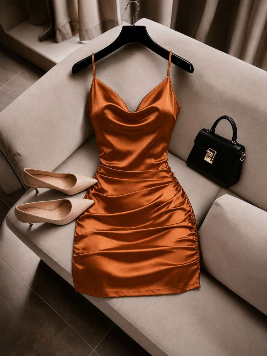 Satin Mini Dress With Straps, Neckline, And Fitted Fit - Copper - View 1