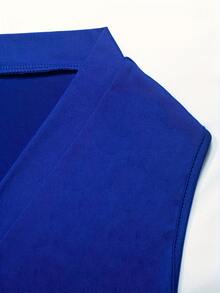 Plus Size Long Cardigan, Shawl Style, Modern, Elegant, Solid Color, Lightweight, Sleeveless, Open Front. - Blue - View 5