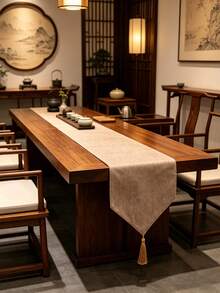Camino de mesa minimalista de color gris puro con textura y ribete de borlas, tela decorativa de estilo moderno neutro para mesa de comedor, apta para todas las estaciones, adecuada para mesa de comedor, mesa de café, consola de entrada, tocador y vestíbulo - Caqui - Ver 5