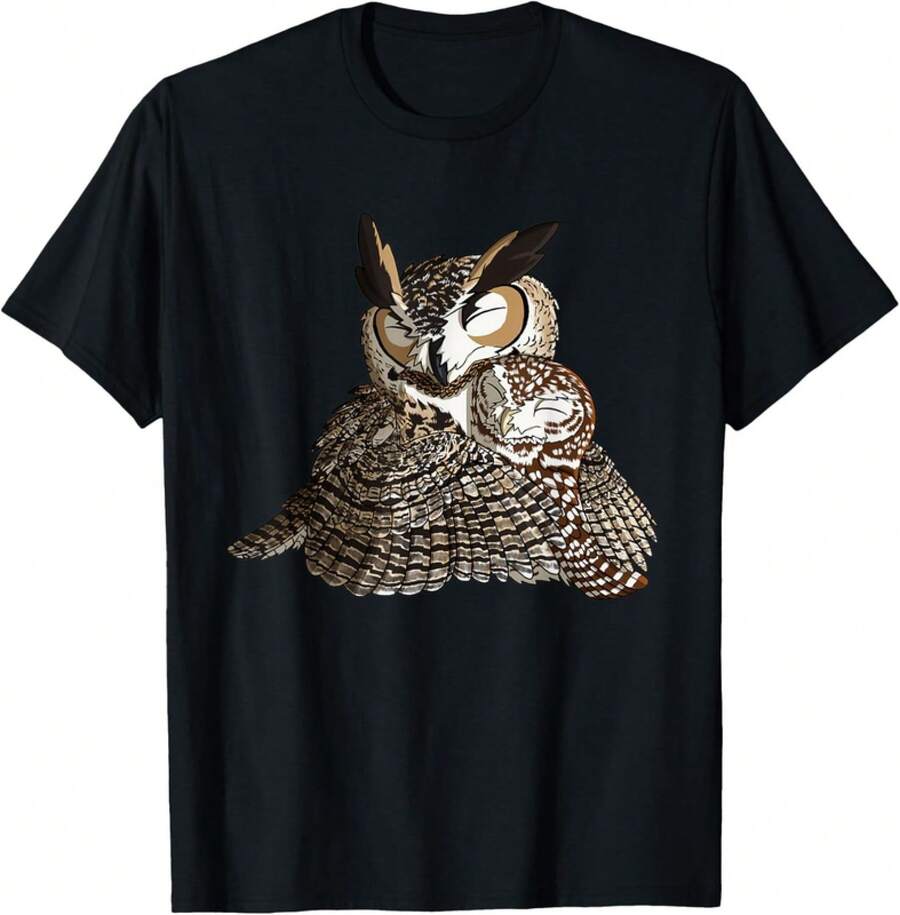 Burrowing Owl Hugging Great Horned Owl T-Shirt - 黑色 - 查看 1