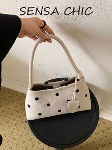Fashionable Black Polka Dot Handbag, Korean-Style Minimalist Design, Shape-Retaining, Classic Polka Dot Pattern With Soft Atmosphere, Suitable For All Seasons And Various Gentle Style Outfits, Practical For Organized Storage And Daily Use - Beige - View 3