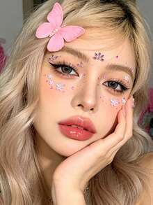 Pink Flower 3D Glitter Face Gems Y2K Self-Adhesive Rhinestones, DIY Concert Disco Party Shiny Face Decoration - Pink - View 4