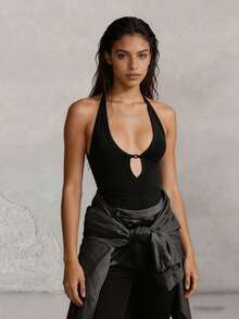 Yefecy Y2K Streetwear Solid Black Ribbed Halter Tank Top Cutout Front Racerback Backless Casual Clubwear Vest Sports - Black - View 5