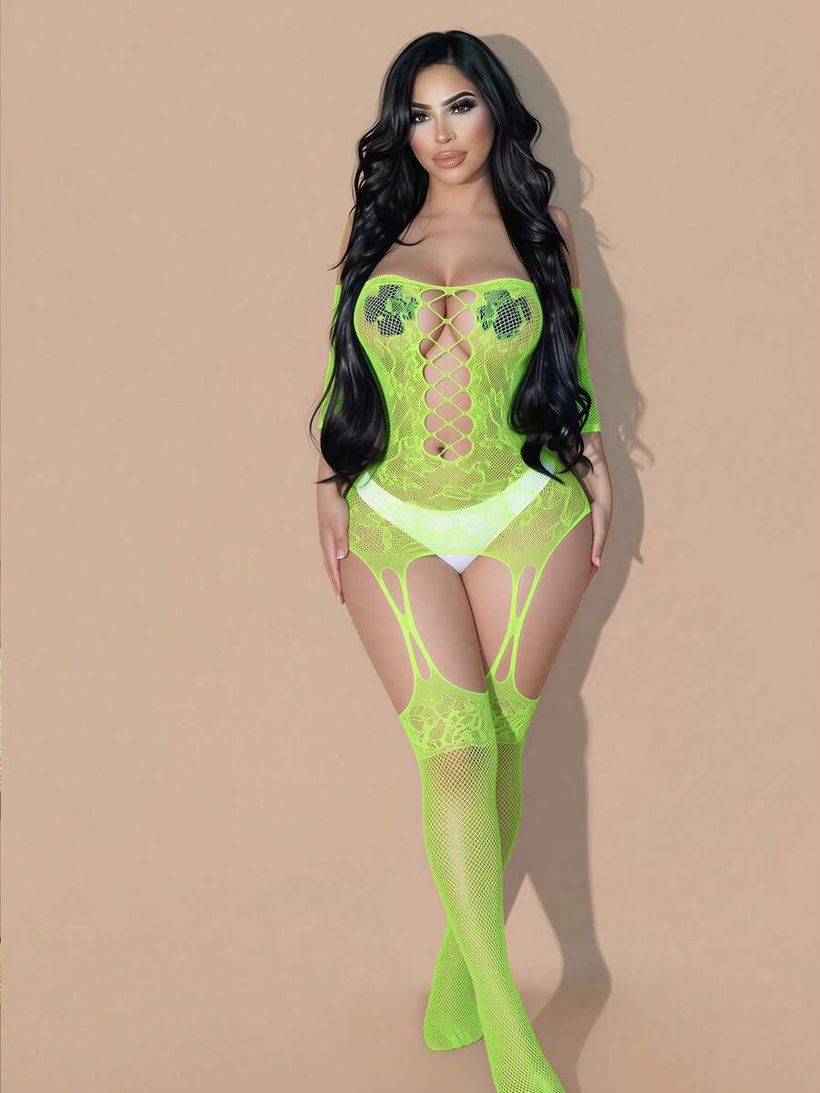 Bodystocking de red, lencería sexy cautivadora, diseño calado para prendas íntimas de mujer, irradia un encanto cautivador para la noche - Verde - Ver 1