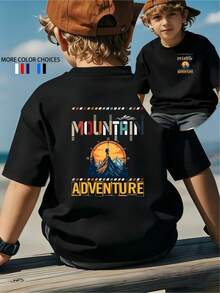 Camiseta de manga corta para niños con estampado de doble cara para senderismo y aventuras al aire libre|Camiseta de verano para niños de estilo retro americano para actividades al aire libr - Rojo - Ver 6