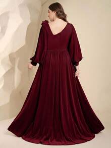 SUPGIR Elegant Solid Color Chiffon Asymmetrical Shoulder Floral Decor Bridesmaid Dress - Burgundy - View 2
