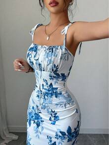 Women's Floral Mermaid Maxi Dress With Thin Straps And Bow, Square Neck, Ruched, Bodycon, For Wedding Guests, Beach Vacations And Date Nights. - 淺色水洗藍 - 查看 6