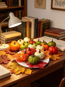 8pcs Artificial Mini Pumpkin Set With Autumn Leaves, Fall Harvest Home Decor Pumpkin Set, Suitable For Home, Wedding, Autumn Tabletop Arrangement, Halloween, Thanksgiving - A - View 4