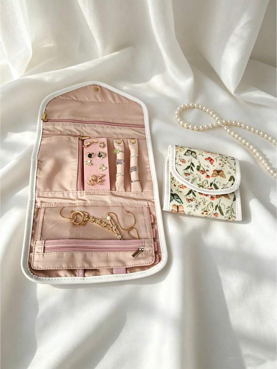 3D Butterfly & Floral Print Travel Jewelry Organizer Bag, Multi-Compartment Zippered Portable Flap Pouch For Necklaces, Earrings, Rings And Accessories, Suitable For Business Trips, Travel And Home