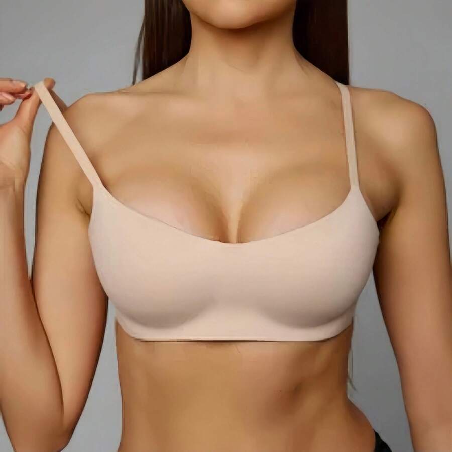 Sujetador de una pieza sin costuras para mujer, sin aros, anti-caída, con soporte lateral para el pecho, efecto levantador, cómodo. - Azul lavado medio - Ver 1