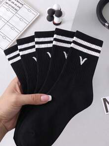 1/5/10/20 Pairs Black Letter Mid-Calf Socks, Striped Cuff Knitted Casual Street Style Mid-Calf Socks, Minimalist Yet Designed Overall Style, Suitable For Daily Commute, Casual Wear, Theme Parties, Holiday Gifts, Home Wear, Relaxed Style - Multicolor - View 9
