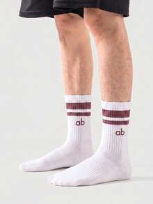 1/3 Pairs White Letter Mid-Calf Socks, Striped Cuff Knit Casual Street Style Mid-Calf Socks, Minimalist Yet Designed Overall Style, Suitable For Daily Commute, Casual Wear, Theme Parties, Holiday Gifts, Home Wear, Relaxed Style - Multicolor - View 5