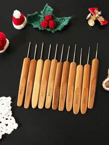 11pcs/Pack Carbonized Bamboo Handle Single Head Crochet Hooks, Bamboo Braiding Hooks For Braids And Dreadlocks - Beading Needles - Crochet Hook - View 8